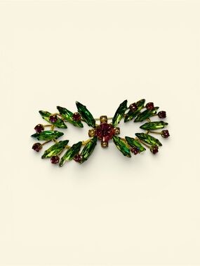 Vintage Austrian Green and Pink Crystal Leaf Brooch